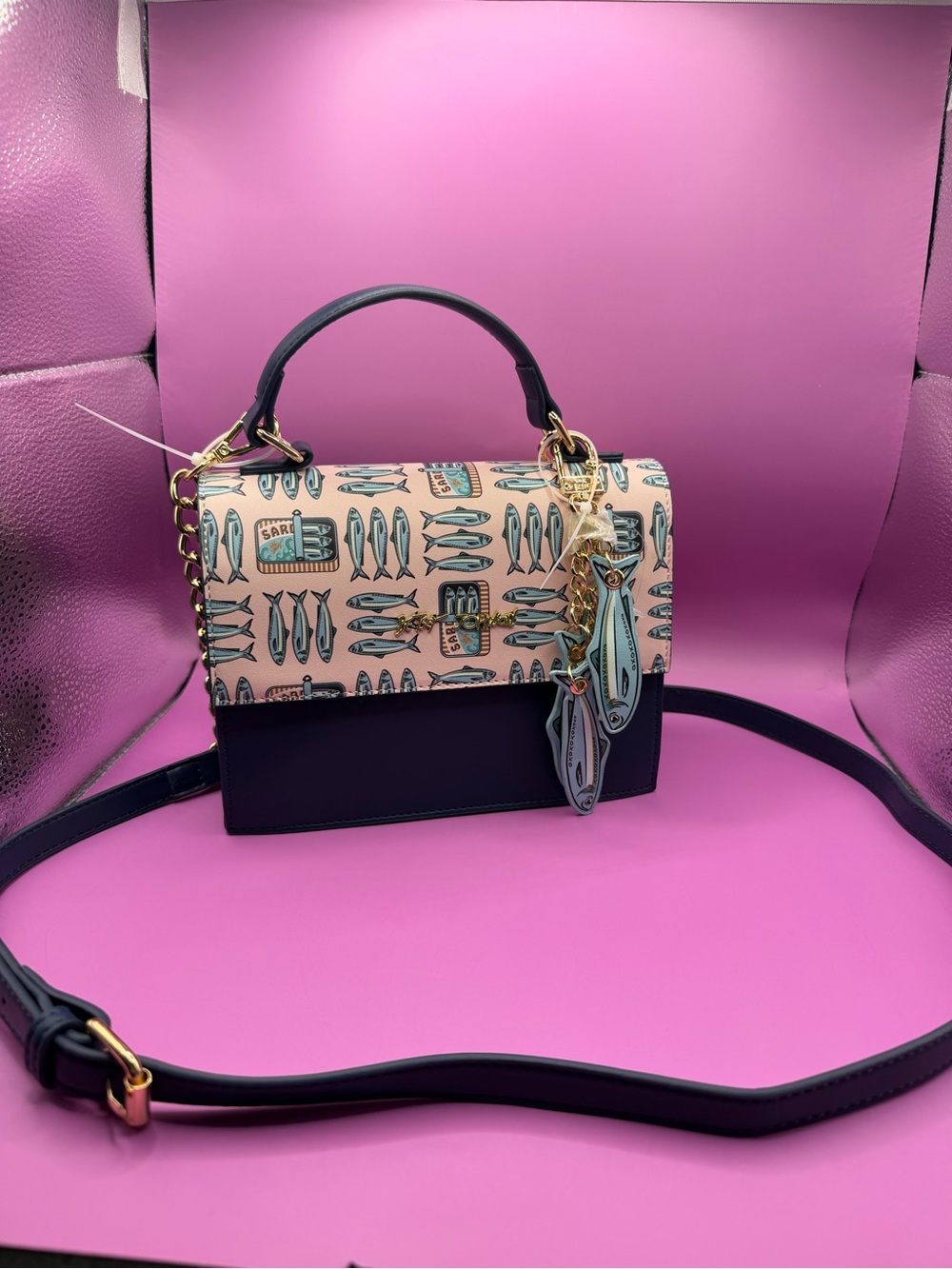 Betsey Johnson Navy and Pink Sardine Print Crossbody NWT